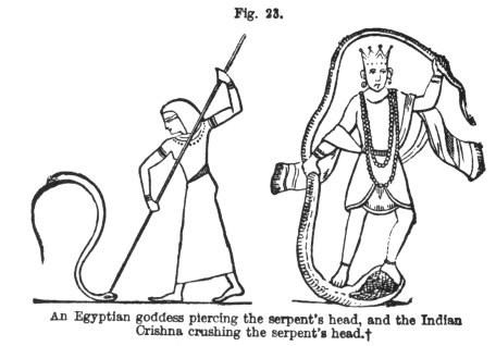 Рис. 23: Египетская богиня и индийский Кришна, сокрушающие голову змея