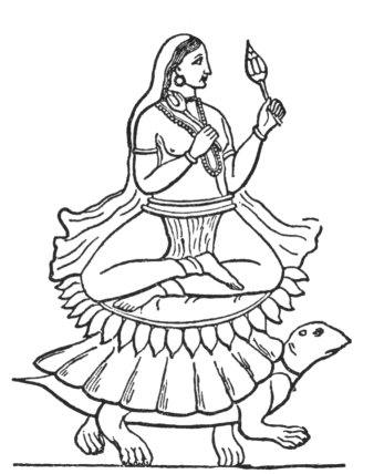 Индийская богиня Лакшми, сидящая в цветке Лотоса на спине черепахи