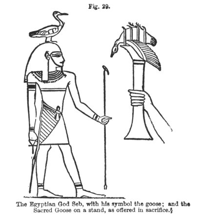 Рис. 29: Египетский бог Сэб со своим символом - гусем. На стойке сидит жертвенный гусь.