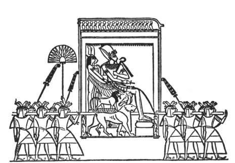 Слуги несут на плечах носилки с балдахином, где восседает египетский понтифик-царь